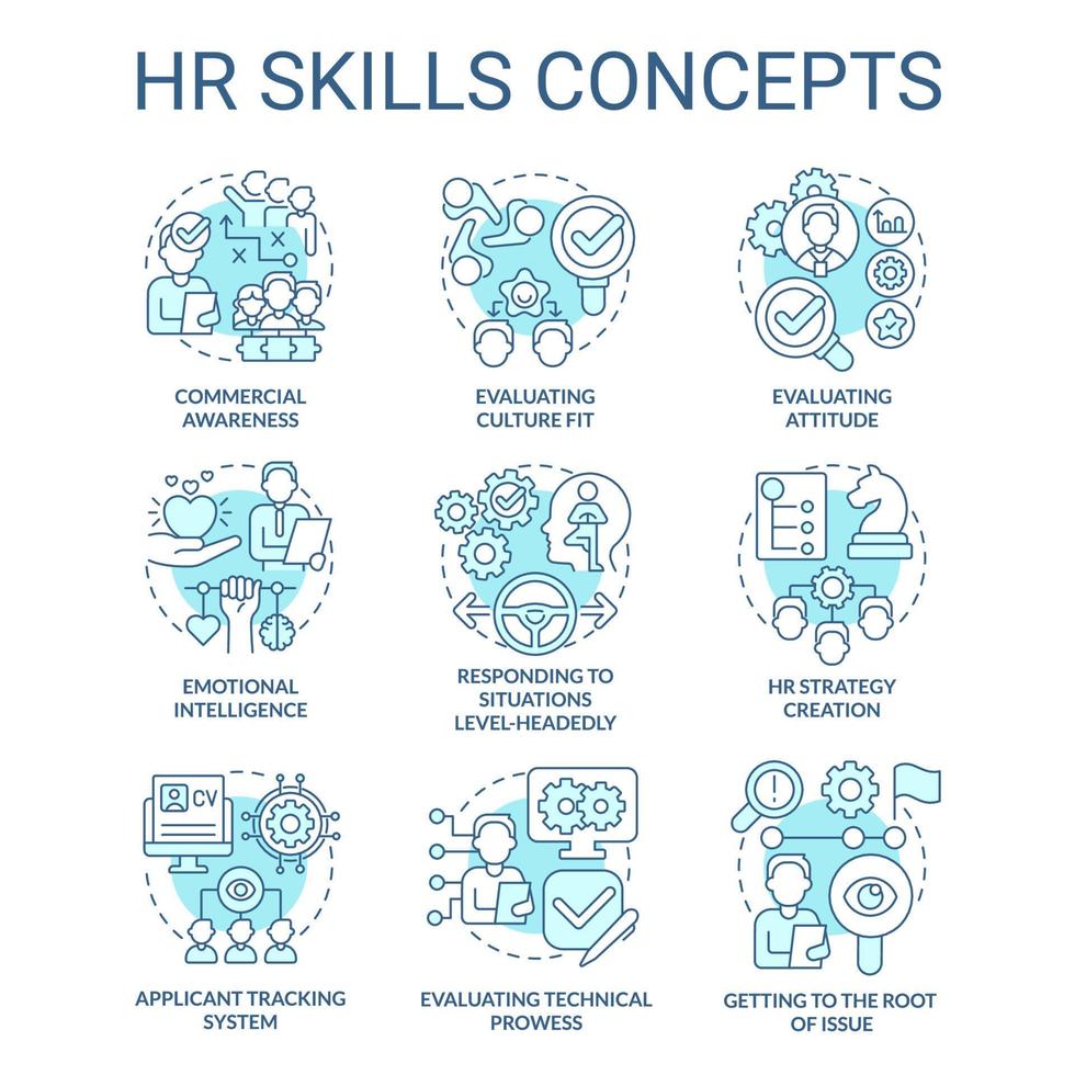 HR skills turquoise concept icons set. Human resources involving. Business and career idea thin line color illustrations. Isolated symbols. Editable stroke. Roboto-Medium, Myriad Pro-Bold fonts used vector