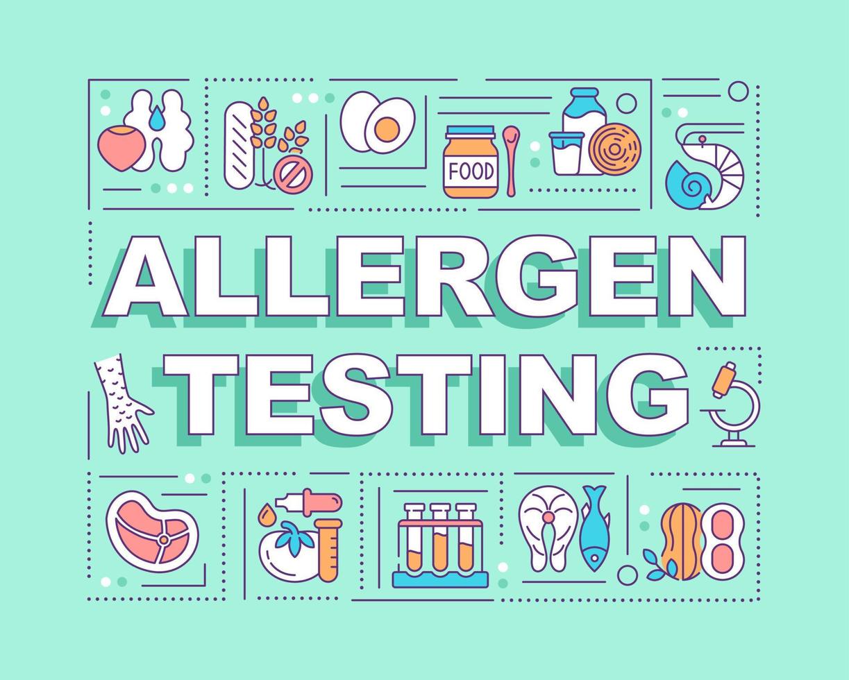 Allergen testing word concepts green banner. Detecting food allergens. Infographics with icons on color background. Isolated typography. Vector illustration with text. Arial-Black font used