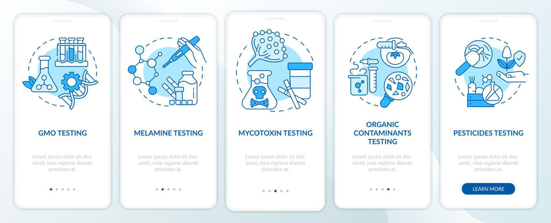 Nutritional analysis blue onboarding mobile app screen. Contaminations walkthrough 5 steps graphic instructions pages with linear concepts. UI, UX, GUI template. Myriad Pro-Bold, Regular fonts used vector