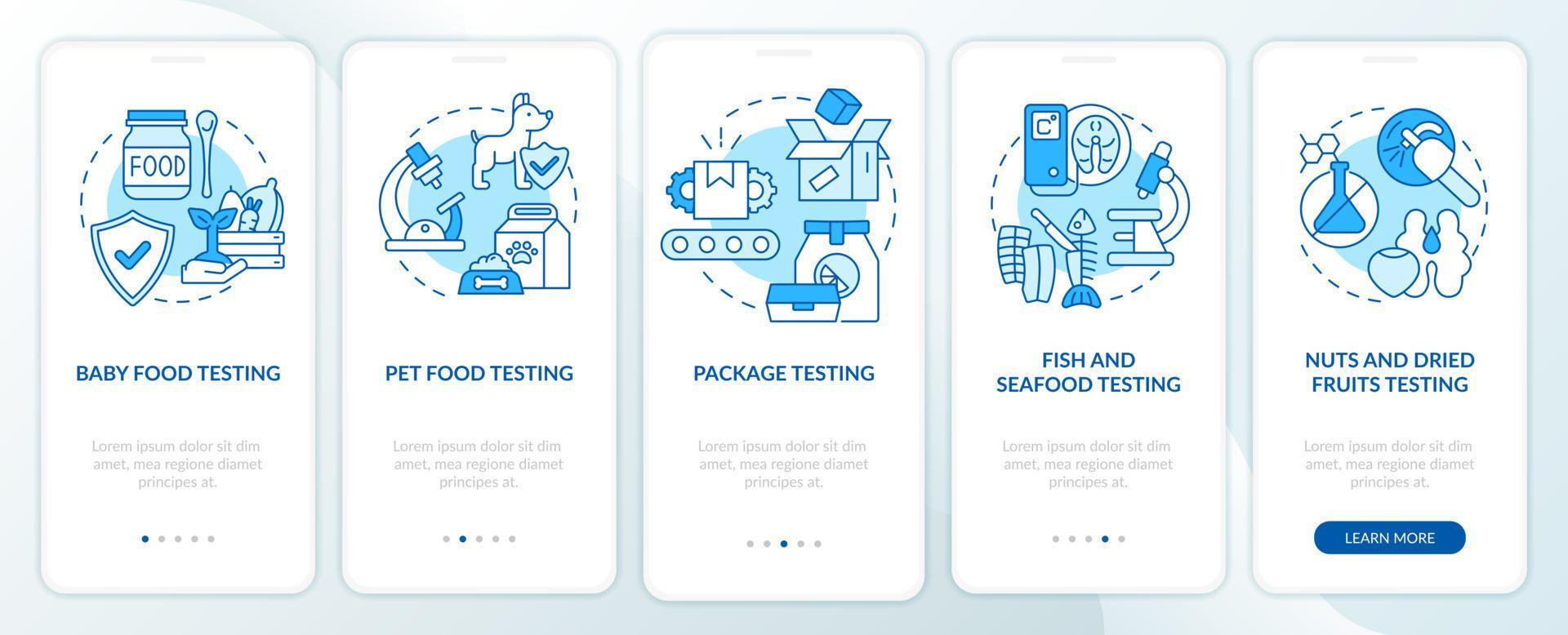 Food processing and development blue onboarding mobile app screen. Walkthrough 5 steps graphic instructions pages with linear concepts. UI, UX, GUI template. Myriad Pro-Bold, Regular fonts used vector