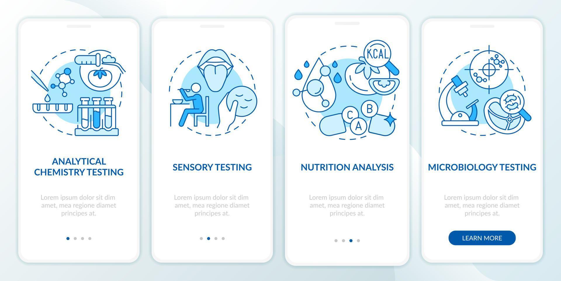 Food test procedures blue onboarding mobile app screen. Microbiology walkthrough 4 steps graphic instructions pages with linear concepts. UI, UX, GUI template. Myriad Pro-Bold, Regular fonts used vector