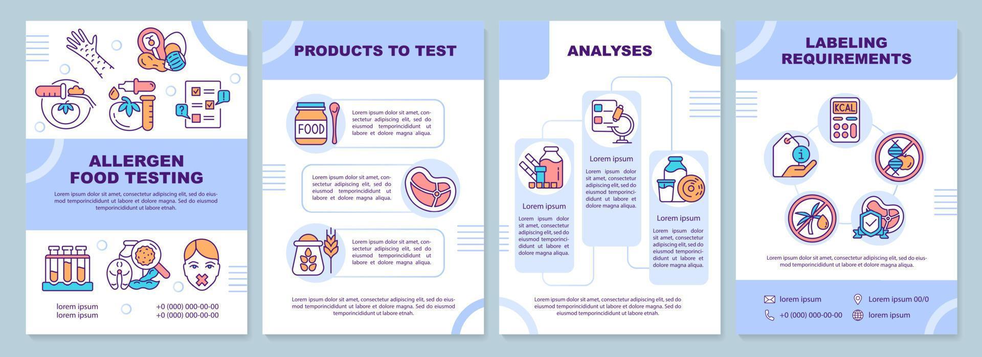 Allergen food testing blue brochure template. Products to test. Leaflet design with linear icons. 4 vector layouts for presentation, annual reports. Arial-Black, Myriad Pro-Regular fonts used