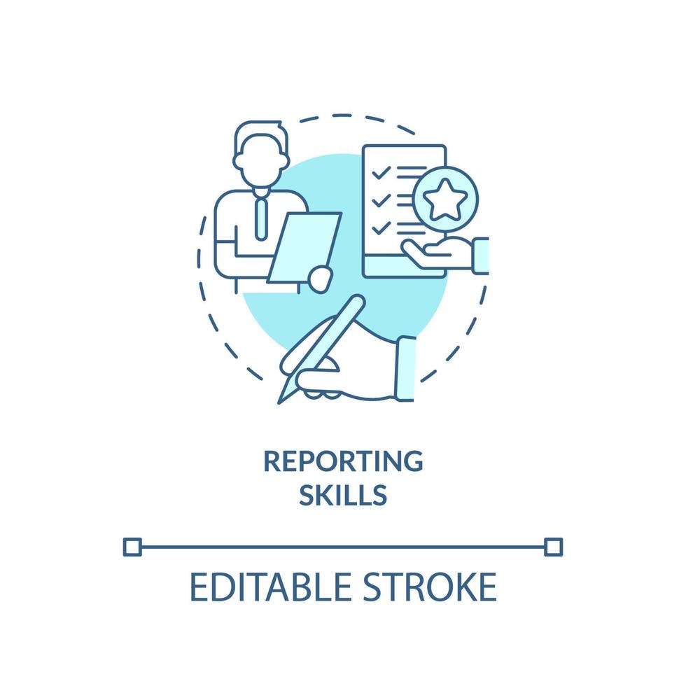 Reporting skills turquoise concept icon. Writing accurate reports. HR skills abstract idea thin line illustration. Isolated outline drawing. Editable stroke. Arial, Myriad Pro-Bold fonts used vector