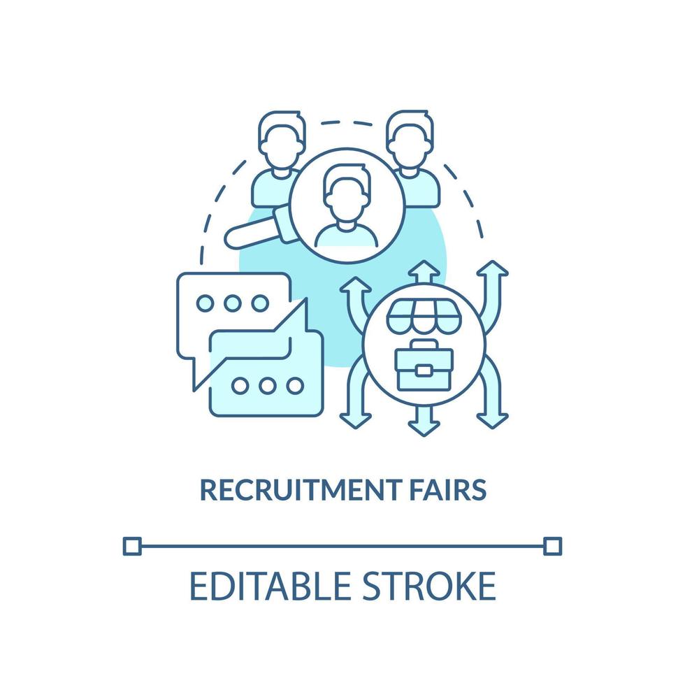 Recruitment fairs turquoise concept icon. Sharing information. HR organizing skills abstract idea thin line illustration. Isolated outline drawing. Editable stroke. Arial, Myriad Pro-Bold fonts used vector