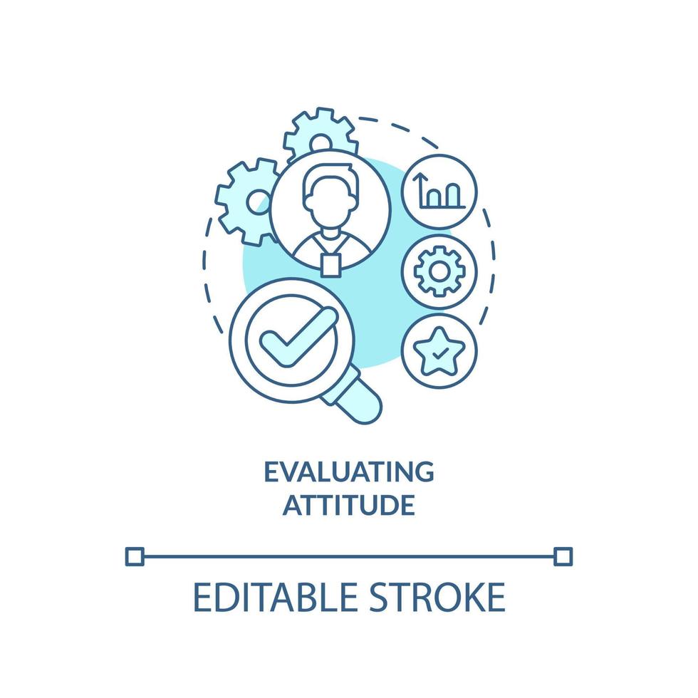 evaluando el icono del concepto turquesa de actitud. comprobar el trabajo de los empleados. habilidades de recursos humanos idea abstracta ilustración de línea delgada. dibujo de contorno aislado. trazo editable. arial, innumerables fuentes pro-bold utilizadas vector