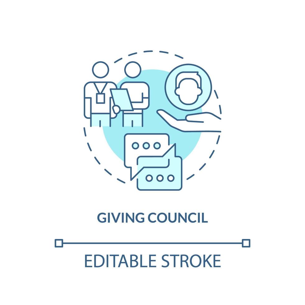 Giving council turquoise concept icon. Coach support and education. HR skills abstract idea thin line illustration. Isolated outline drawing. Editable stroke. Arial, Myriad Pro-Bold fonts used vector