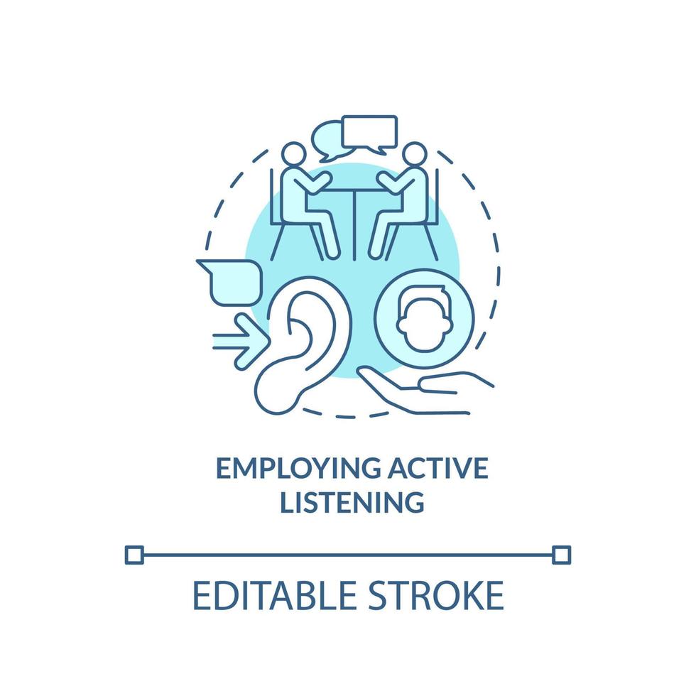 Employing active listening turquoise concept icon. Knowing worker problem. HR skills abstract idea thin line illustration. Isolated outline drawing. Editable stroke. Arial, Myriad Pro-Bold fonts used vector