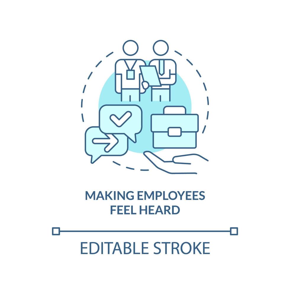 Making employees feel heard turquoise concept icon. Comfort in workplace. HR skills abstract idea thin line illustration. Isolated outline drawing. Editable stroke. Arial, Myriad Pro-Bold fonts used vector