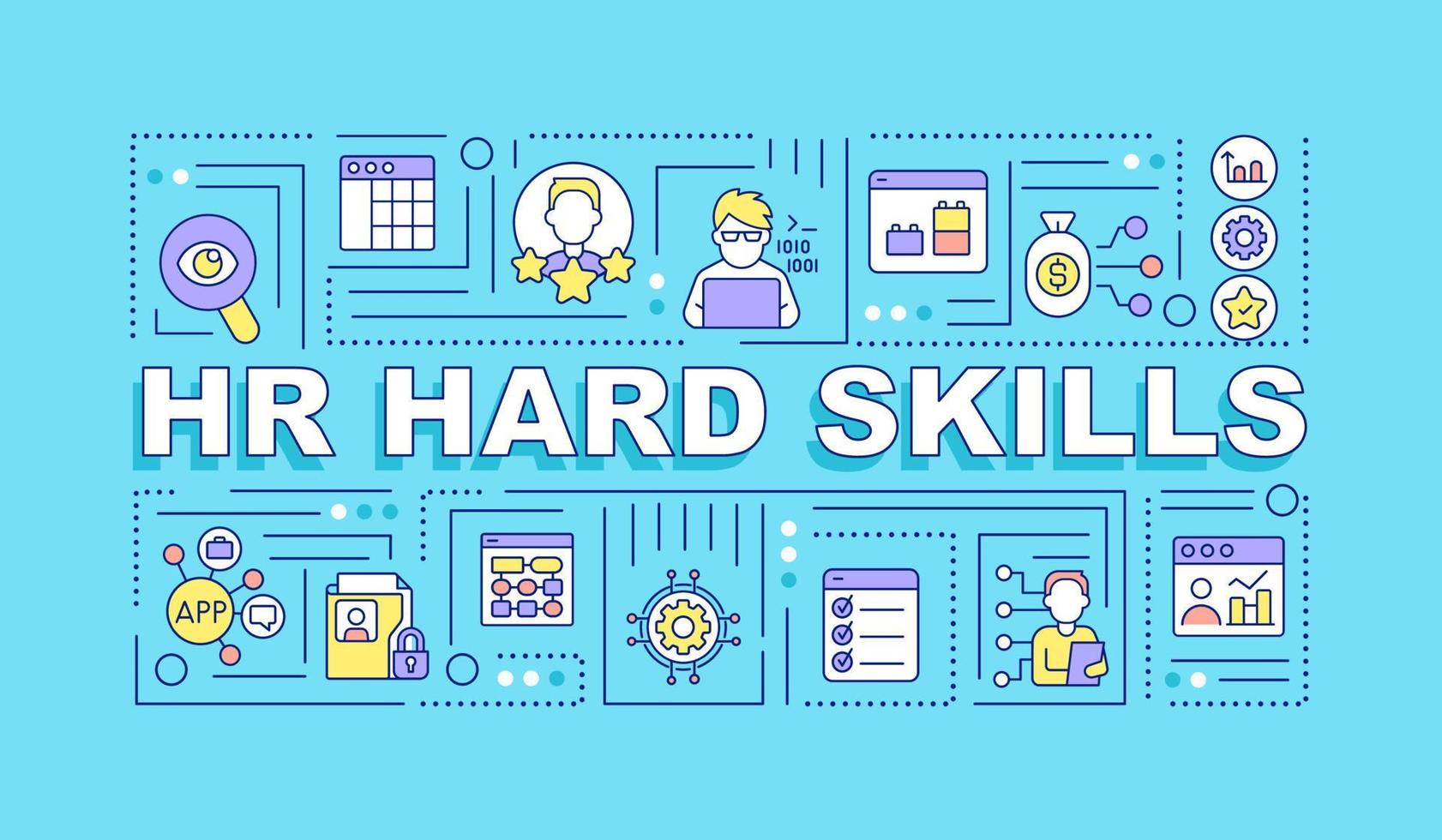 HR hard skills word concepts blue banner. Technology for recruitment. Infographics with icons on color background. Isolated typography. Vector illustration with text. Arial-Black font used