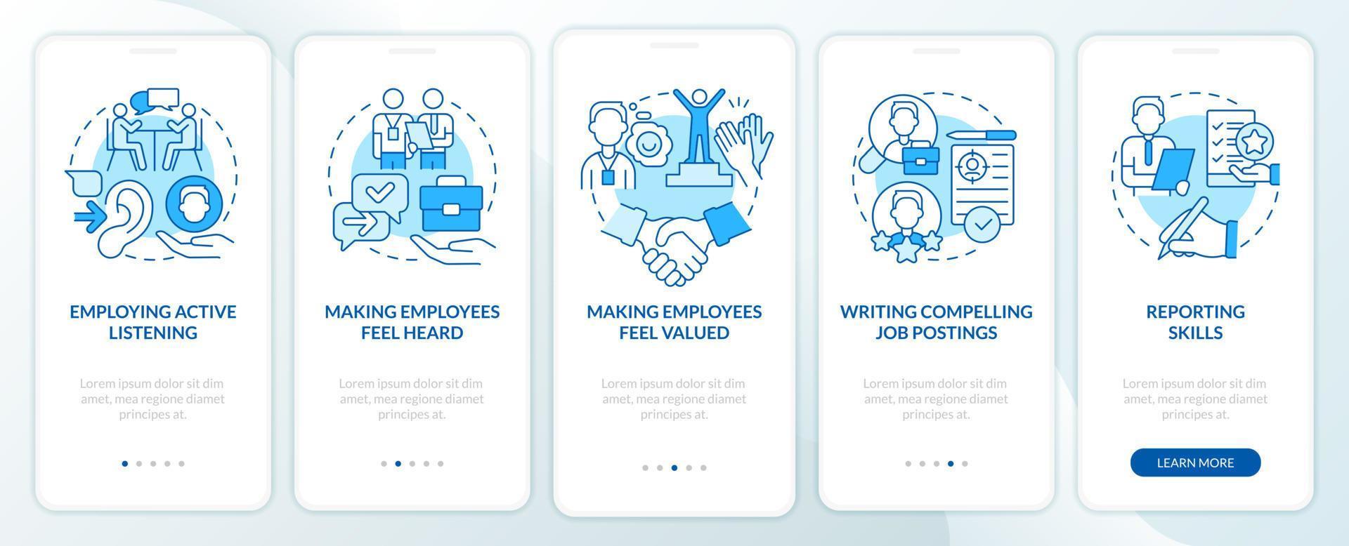 HR professional skills blue onboarding mobile app screen. Recruitment walkthrough 5 steps graphic instructions pages with linear concepts. UI, UX, GUI template. Myriad Pro-Bold, Regular fonts used vector