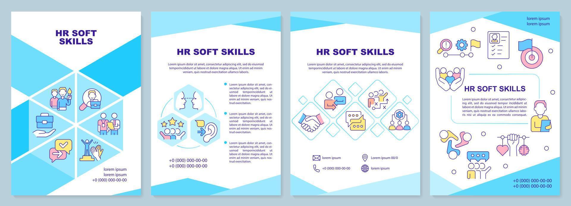 HR soft skills blue brochure template. Employment process. Leaflet design with linear icons. 4 vector layouts for presentation, annual reports. Arial-Black, Myriad Pro-Regular fonts used