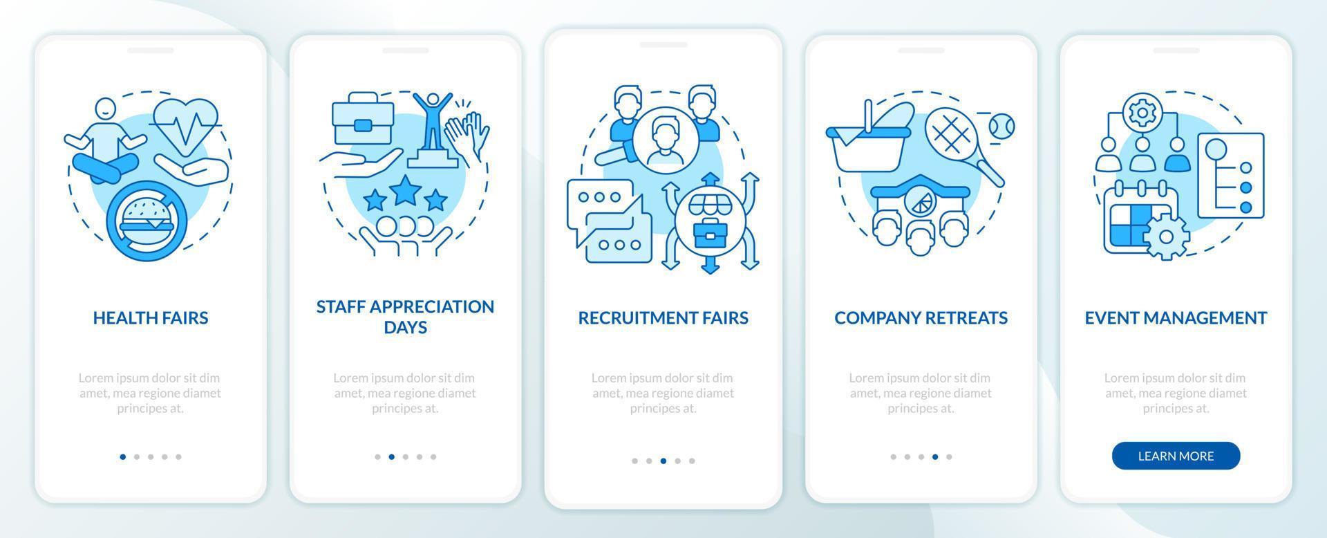 HR organizing skills blue onboarding mobile app screen. Corporate walkthrough 5 steps graphic instructions pages with linear concepts. UI, UX, GUI template. Myriad Pro-Bold, Regular fonts used vector
