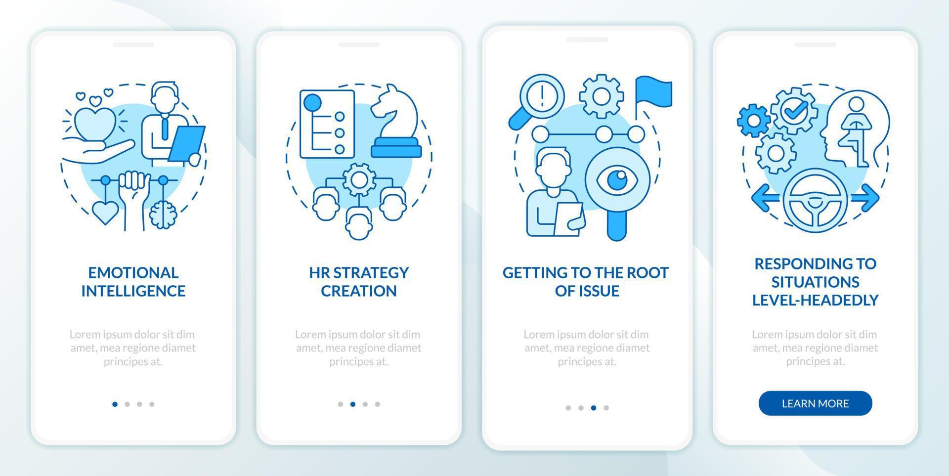 HR soft skills blue onboarding mobile app screen. Hiring work walkthrough 4 steps graphic instructions pages with linear concepts. UI, UX, GUI template. Myriad Pro-Bold, Regular fonts used vector