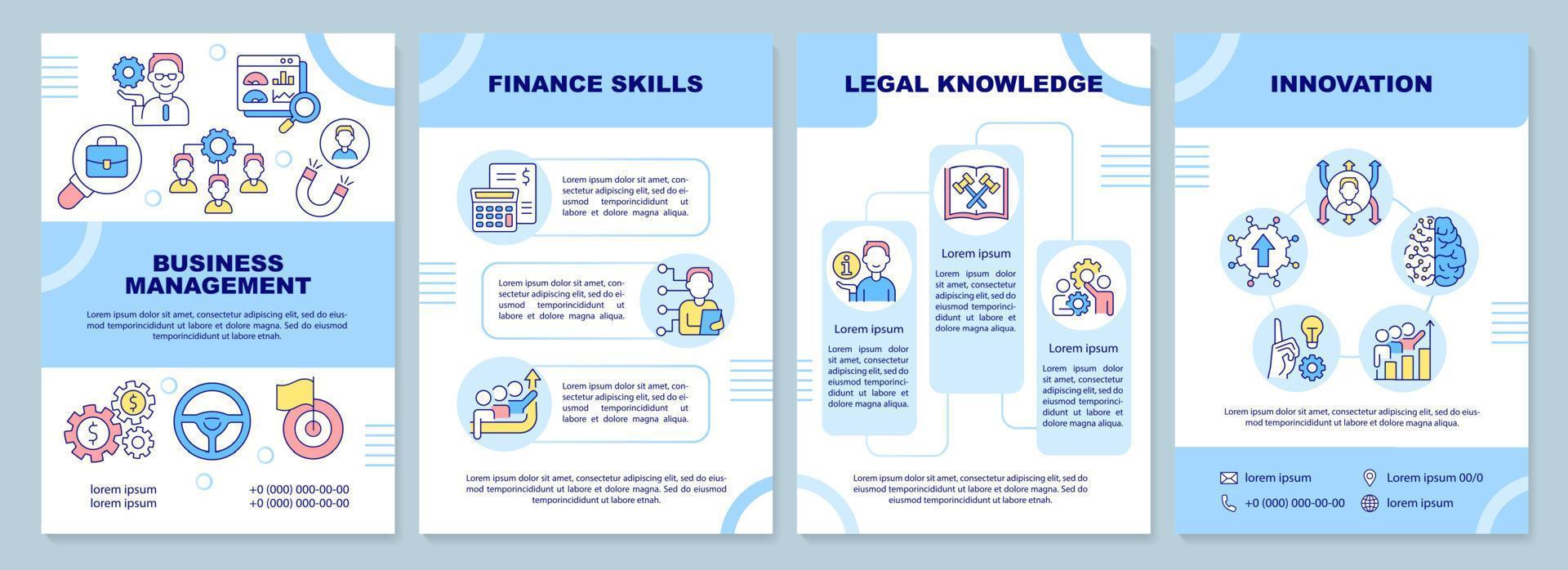 HR skills blue brochure template. Professional recruitment. Leaflet design with linear icons. 4 vector layouts for presentation, annual reports. Arial-Black, Myriad Pro-Regular fonts used