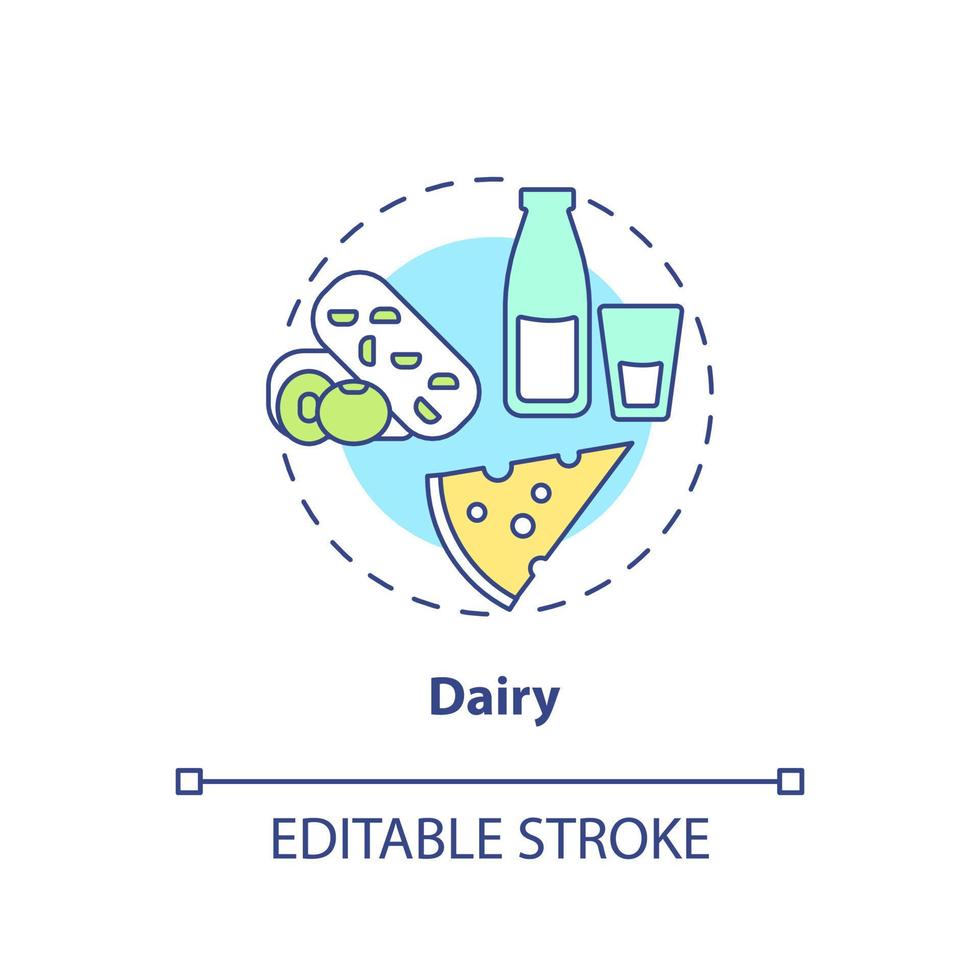 Dairy concept icon. Food for healthy bones abstract idea thin line illustration. Source of calcium. Milk products. Isolated outline drawing. Editable stroke. Arial, Myriad Pro-Bold fonts used vector