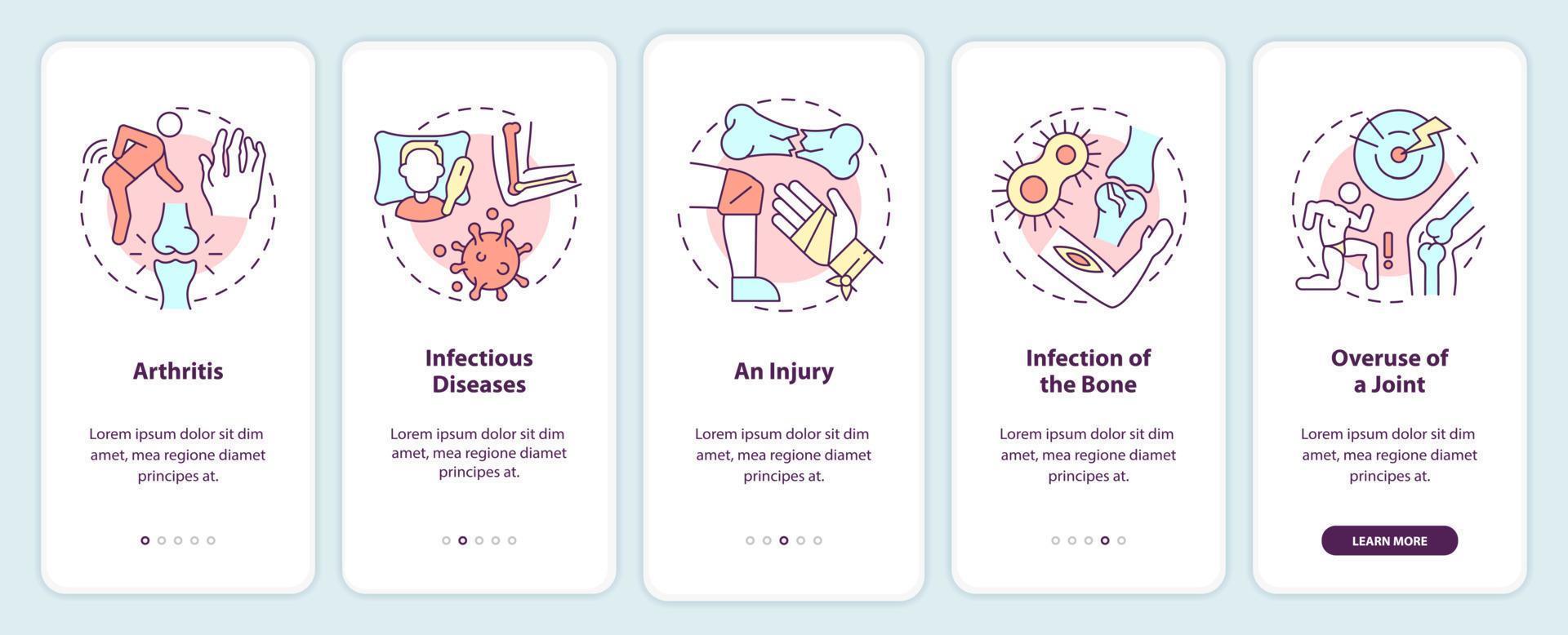 Joint disorders causes onboarding mobile app screen. Bone infection walkthrough 5 steps graphic instructions pages with linear concepts. UI, UX, GUI template. Myriad Pro-Bold, Regular fonts used vector