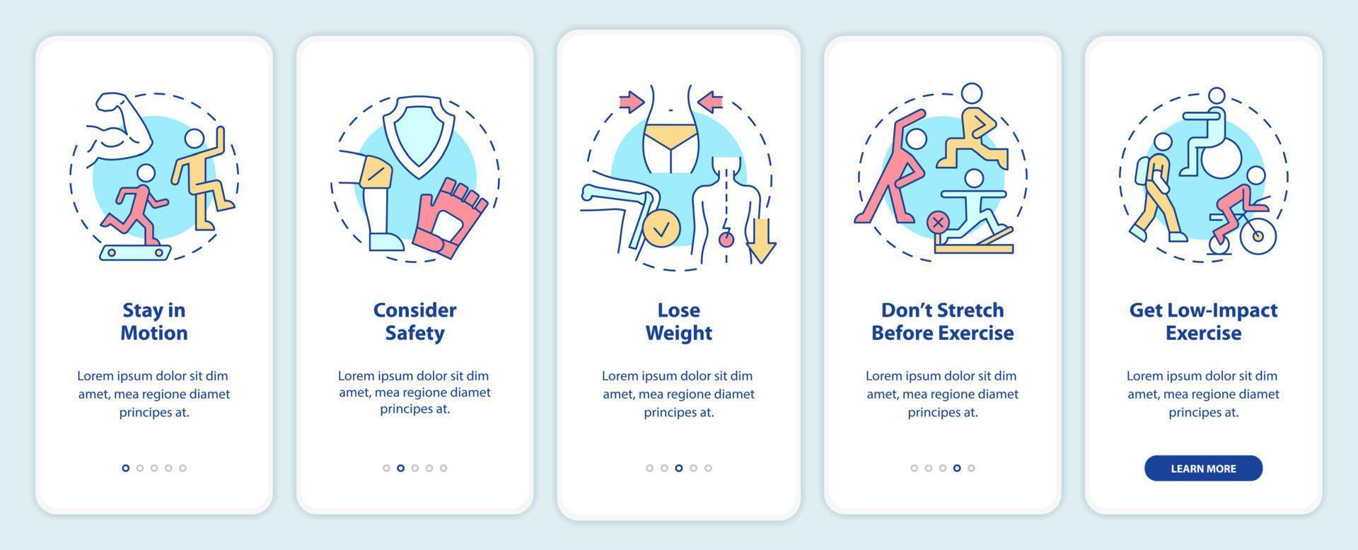 Tips for healthy joints onboarding mobile app screen. Stay in motion walkthrough 5 steps graphic instructions pages with linear concepts. UI, UX, GUI template. Myriad Pro-Bold, Regular fonts used vector