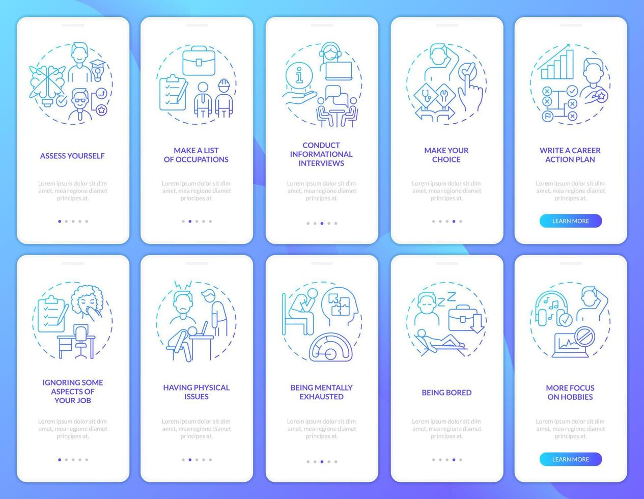 elegir el conjunto de pantalla de aplicación móvil de incorporación de degradado azul de carrera correcto. tutorial 5 pasos páginas de instrucciones gráficas con conceptos lineales. interfaz de usuario, ux, plantilla de interfaz gráfica de usuario. innumerables fuentes pro-negrita y regulares utilizadas vector