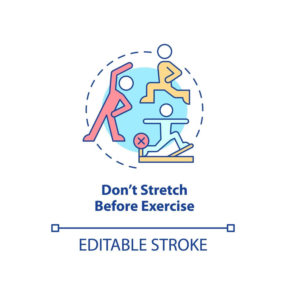 Dont stretch before exercise concept icon. Tip for healthy joints abstract idea thin line illustration. Reduce stiffness. Isolated outline drawing. Editable stroke. Arial, Myriad Pro-Bold fonts used vector