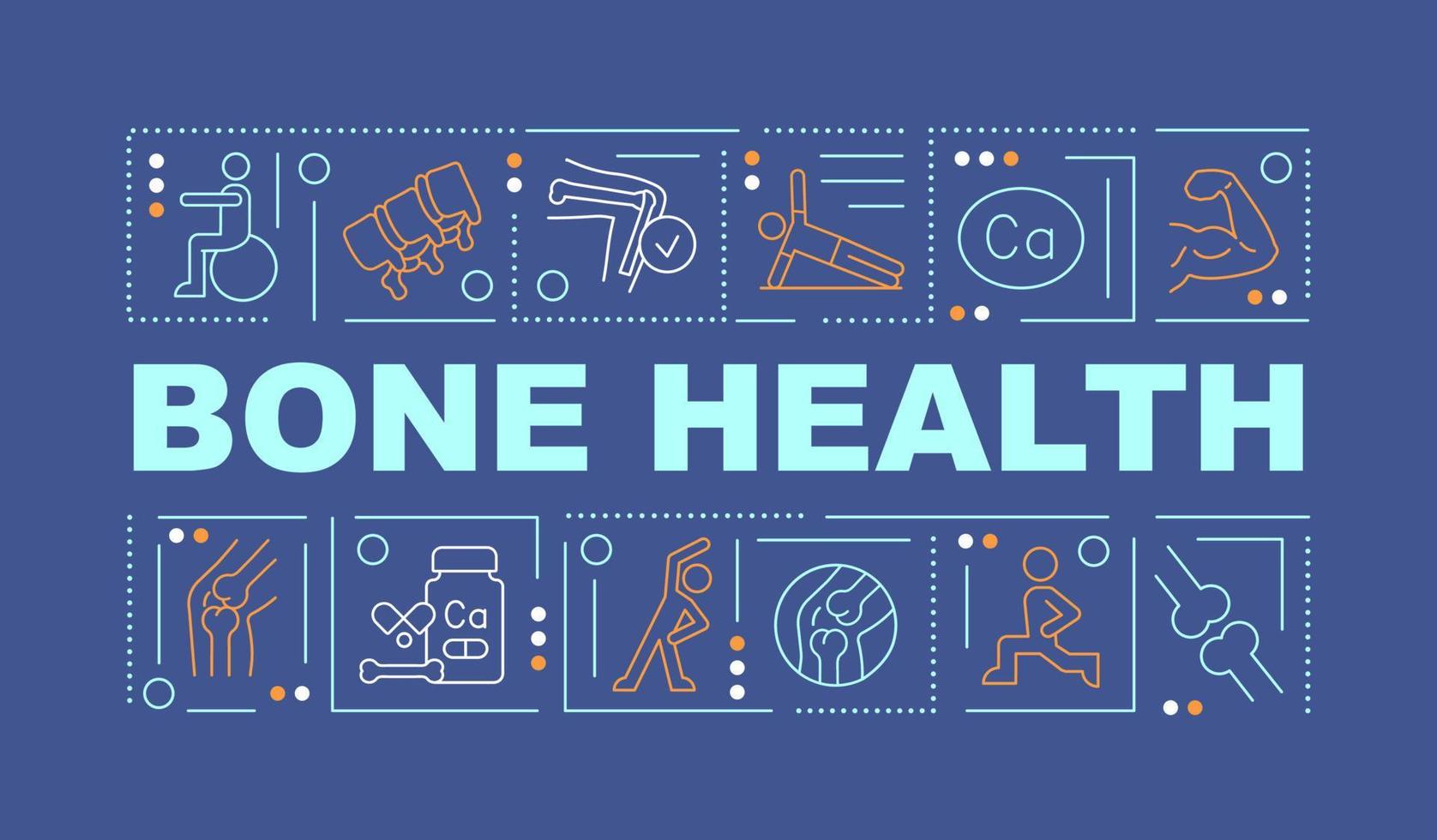 Maintaining bone health word concepts dark blue banner. Osteoporosis prevention. Infographics with icons on color background. Isolated typography. Vector illustration with text. Arial-Black font used