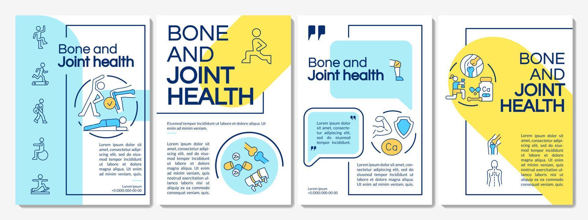 Keeping bones and joints healthy blue and yellow brochure template. Leaflet design with linear icons. 4 vector layouts for presentation, annual reports. Questrial, Lato-Regular fonts used