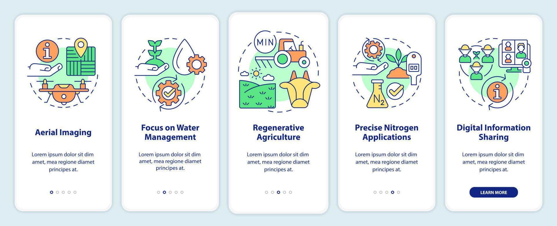 Tendencias en la agricultura incorporando la pantalla de la aplicación móvil. tutorial de innovaciones 5 pasos páginas de instrucciones gráficas con conceptos lineales. interfaz de usuario, ux, plantilla de interfaz gráfica de usuario. innumerables fuentes pro-negrita y regulares utilizadas vector