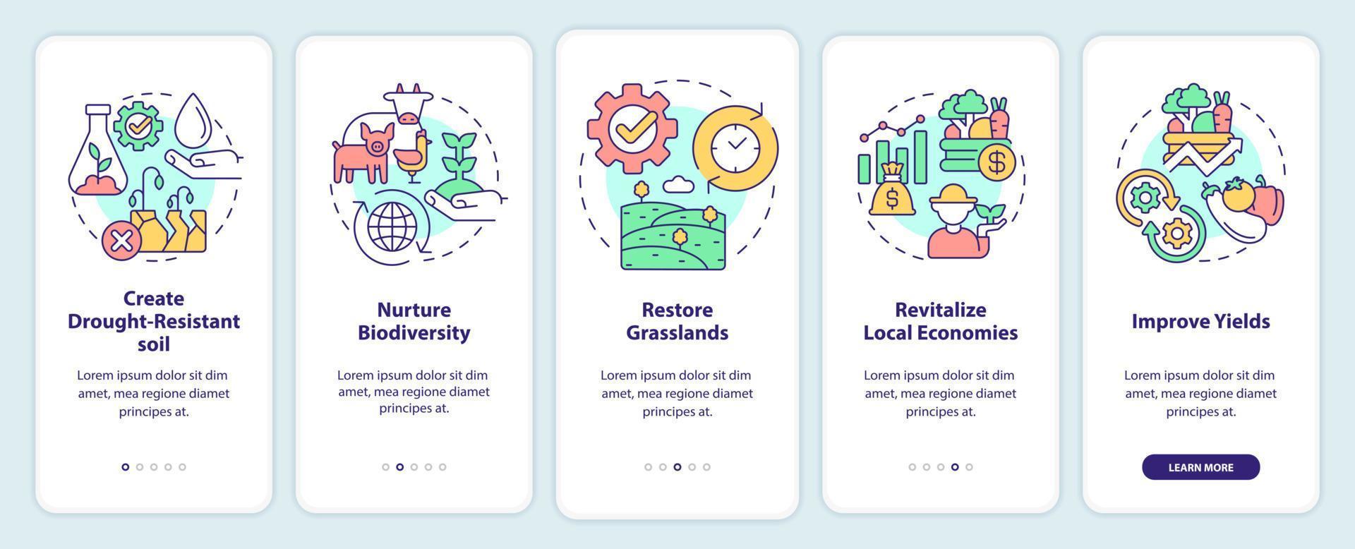 cambiar a la cultura regenerativa incorporando la pantalla de la aplicación móvil. tutorial de agricultura 5 pasos páginas de instrucciones gráficas con conceptos lineales. interfaz de usuario, ux, plantilla de interfaz gráfica de usuario. innumerables fuentes pro-negrita y regulares utilizadas vector