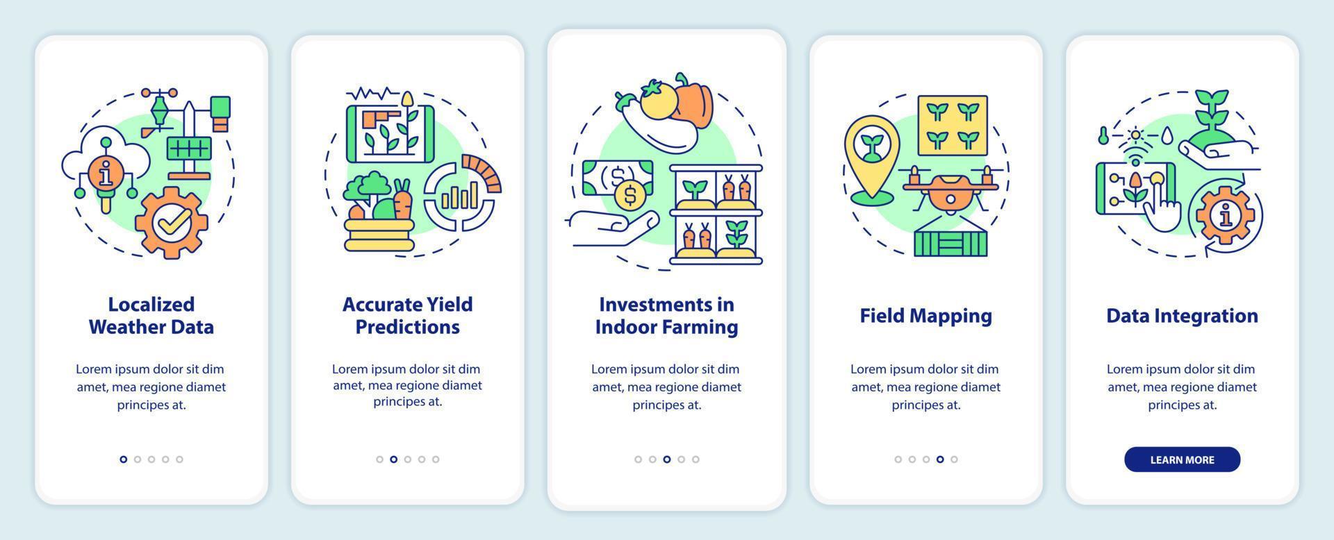 tendencias agrícolas actuales que incorporan la pantalla de la aplicación móvil. tutorial de la industria 5 pasos páginas de instrucciones gráficas con conceptos lineales. interfaz de usuario, ux, plantilla de interfaz gráfica de usuario. innumerables fuentes pro-negrita y regulares utilizadas vector