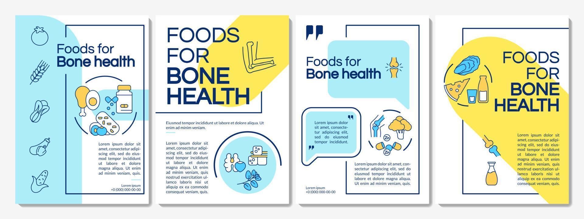 Nutrition for bone health blue and yellow brochure template. Vegetables, fish. Leaflet design with linear icons. 4 vector layouts for presentation, annual reports. Questrial, Lato-Regular fonts used