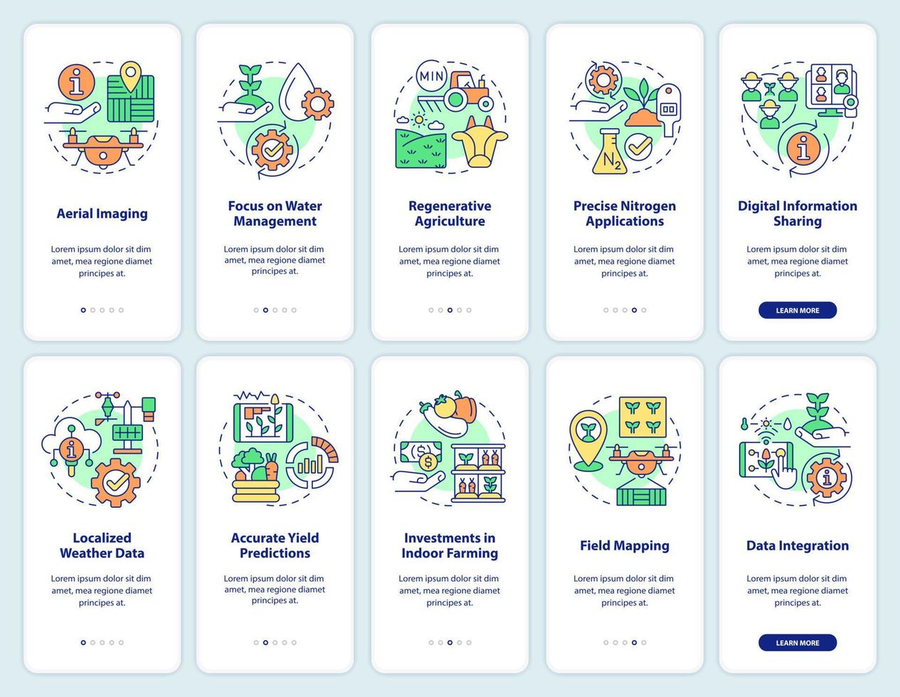 Farming trends onboarding mobile app screen set. Agriculture walkthrough 5 steps graphic instructions pages with linear concepts. UI, UX, GUI template. Myriad Pro-Bold, Regular fonts used vector
