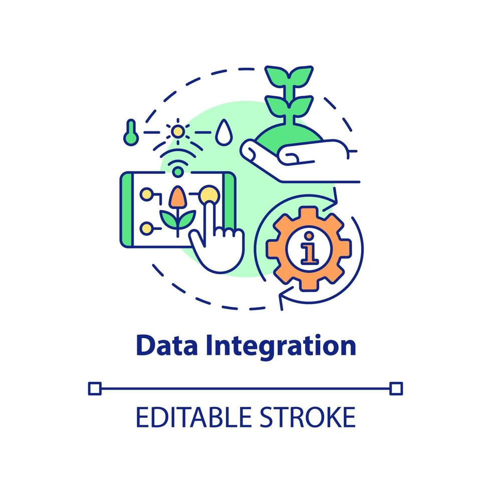 Data integration concept icon. Digital control in agriculture. Farming innovation abstract idea thin line illustration. Isolated outline drawing. Editable stroke. Arial, Myriad Pro-Bold fonts used vector