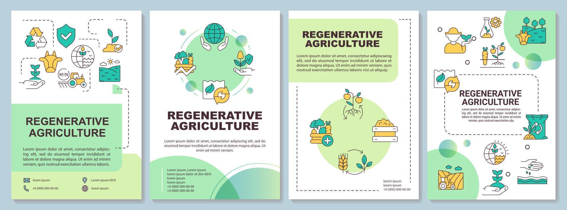 Regenerative agriculture green brochure template. Save ecology. Leaflet design with linear icons. 4 vector layouts for presentation, annual reports. Arial-Bold, Myriad Pro-Regular fonts used