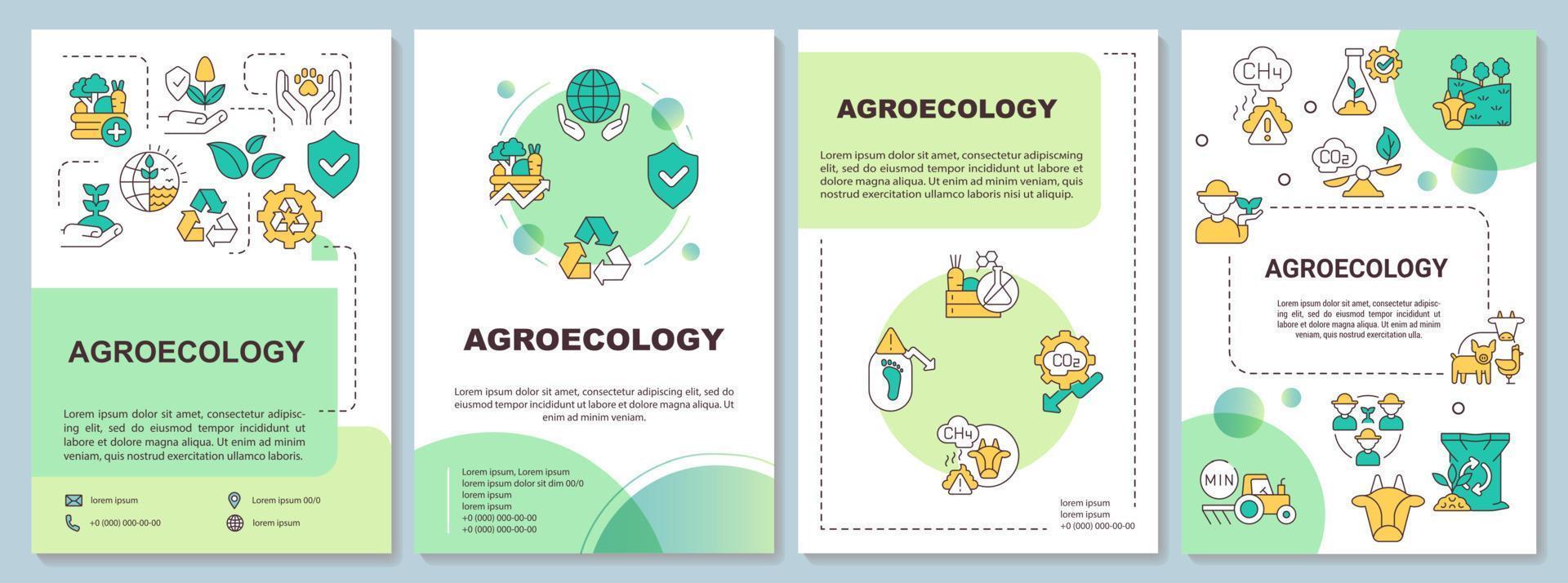 plantilla de folleto verde de agroecología. cuidado del medio ambiente. diseño de folletos con iconos lineales. 4 diseños vectoriales para presentación, informes anuales. arial-negrita, innumerables fuentes pro-regulares utilizadas vector