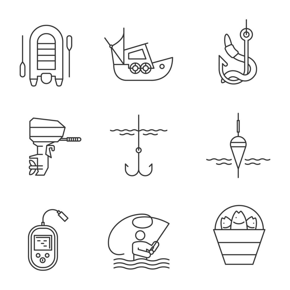 Fishing linear icons set. Outboard boat motor, fisherman, echo sounder, fishhook, float, lure, bucket with catch, live bait, motor boat. Thin line contour symbols. Isolated vector outline illustration