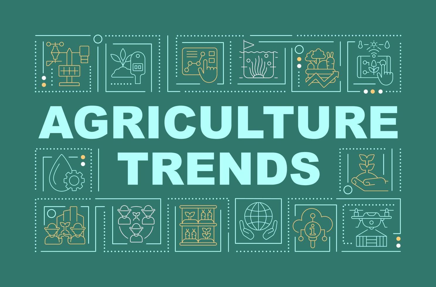 Farming trends word concepts green banner. Agricultural industry. Infographics with icons on color background. Isolated typography. Vector illustration with text. Arial-Black font used