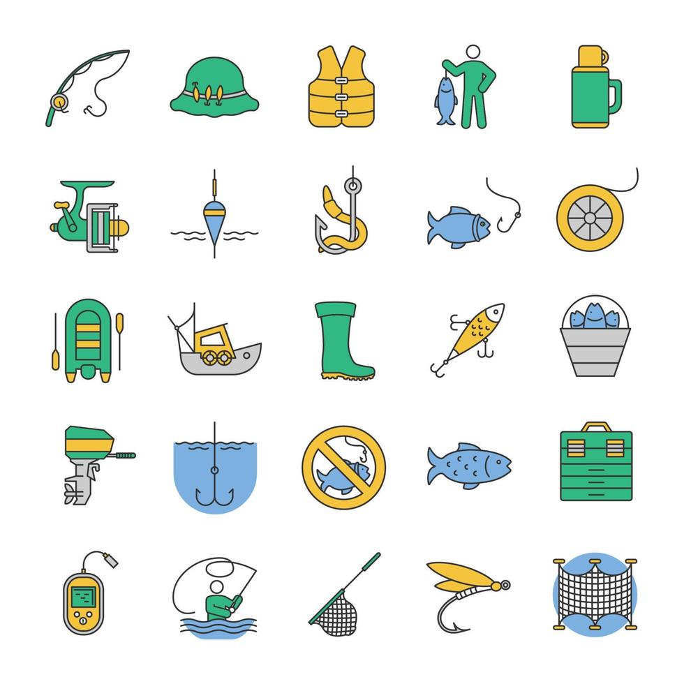 Fishing color icons set. Angling equipment. Fish, bait, hook, tackle, boat, rod, fisherman, thermos, echo sounder, uniform. Isolated vector illustrations