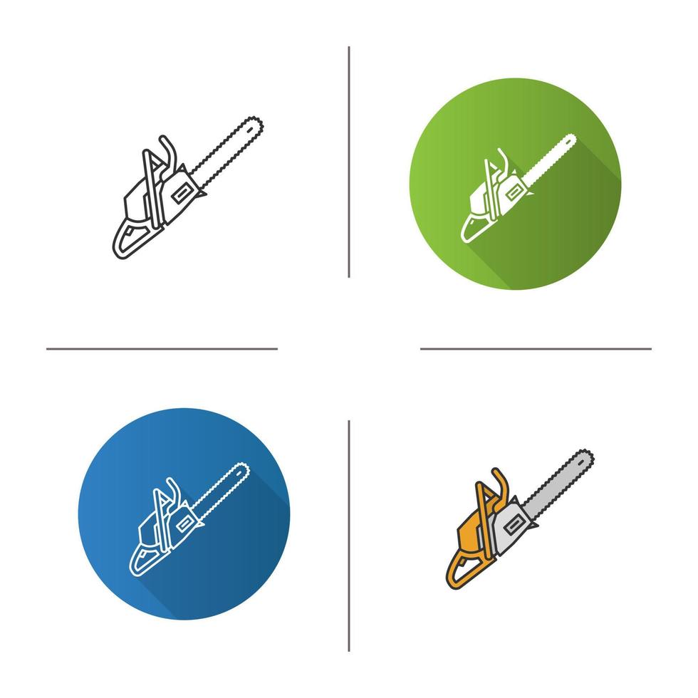 Chainsaw icon. Flat design, linear and color styles. Petrol-driven power chainsaw. Isolated vector illustrations