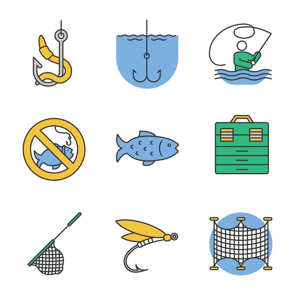 conjunto de iconos de colores de pesca. no hay señal de pesca, caja de aparejos, redes de aterrizaje, pesca con mosca, pescado, cebo vivo, anzuelo. ilustraciones de vectores aislados