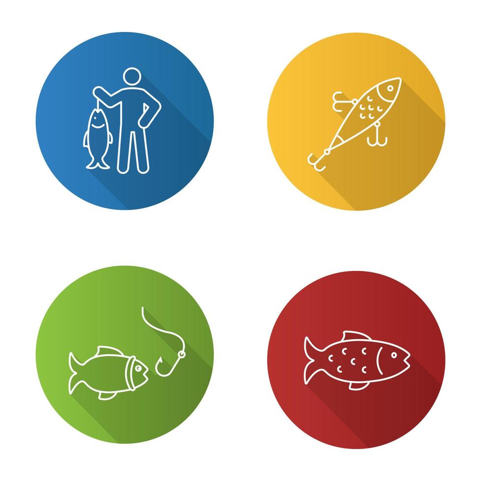 Fishing flat linear long shadow icons set. Fisherman, lure, fish and hook. Vector outline illustration