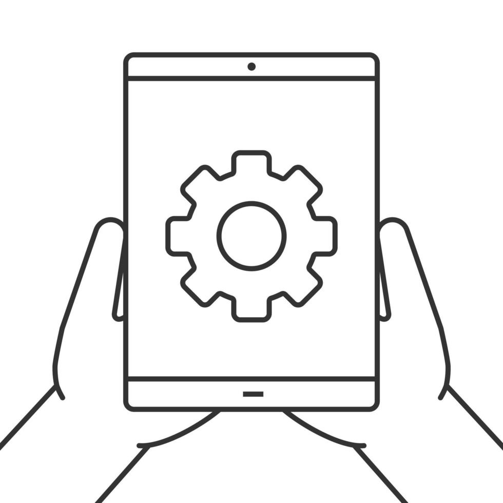 Hands holding tablet computer linear icon. Device settings. Thin line illustration. Tablet computer with cogwheel. Contour symbol. Vector isolated outline drawing