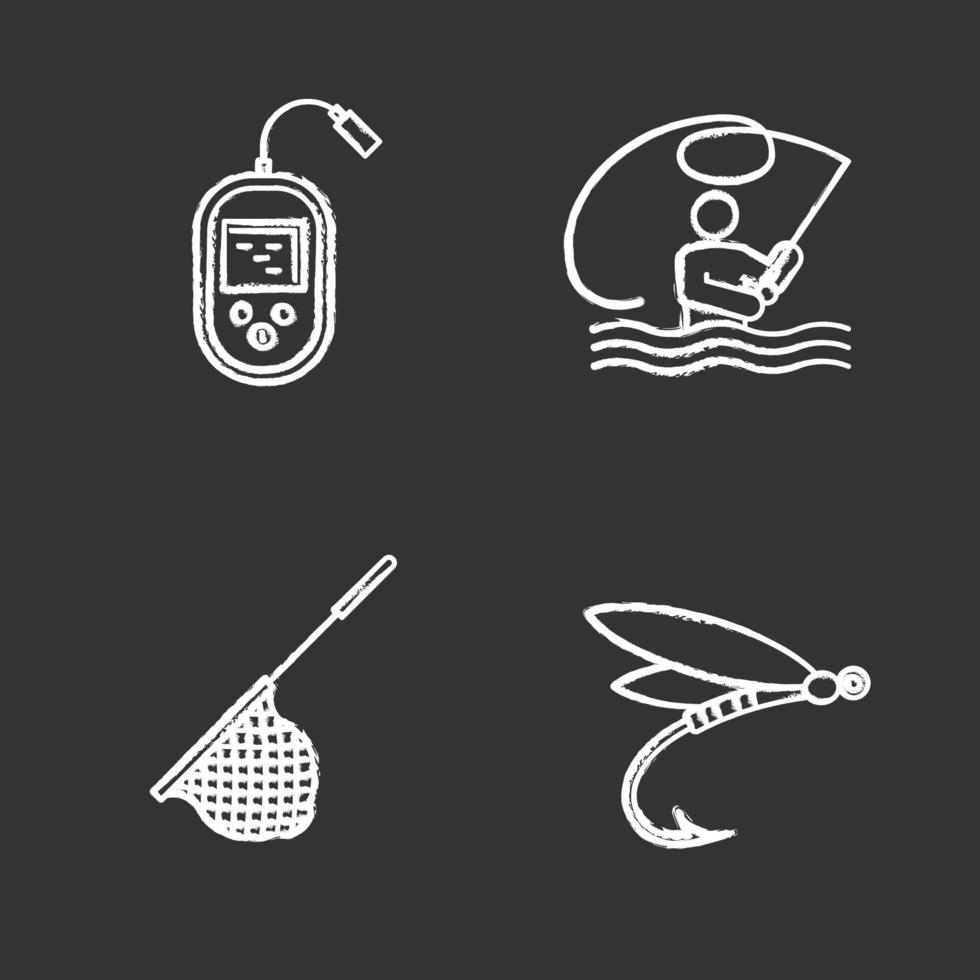 conjunto de iconos de tiza de pesca. pesca con mosca, ecosonda, sacadera, señuelo para insectos. Ilustraciones de vector pizarra