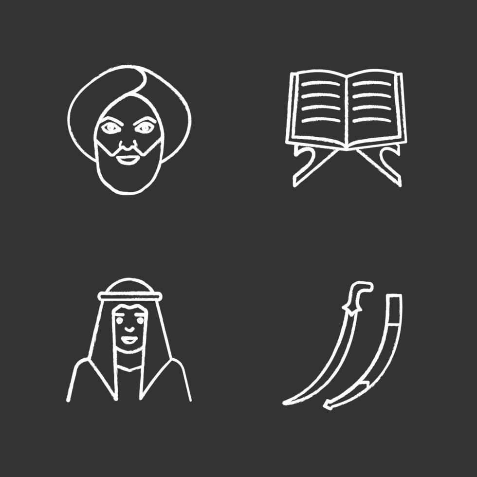 Islamic culture chalk icons set. Muslim men in traditional clothes, quran book, scimitar sword. Isolated vector chalkboard illustrations