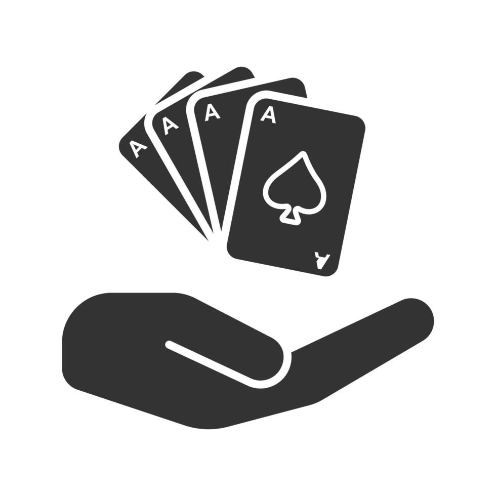 Open hand with playing cards glyph icon. Gambling. Silhouette symbol. Casino. Negative space. Vector isolated illustration