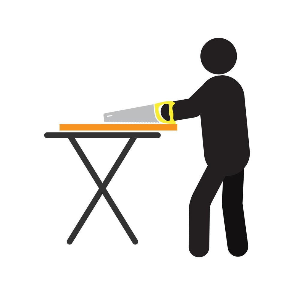 Man working with hand saw silhouette icon. Carpenter. Woodwork. Isolated vector illustration