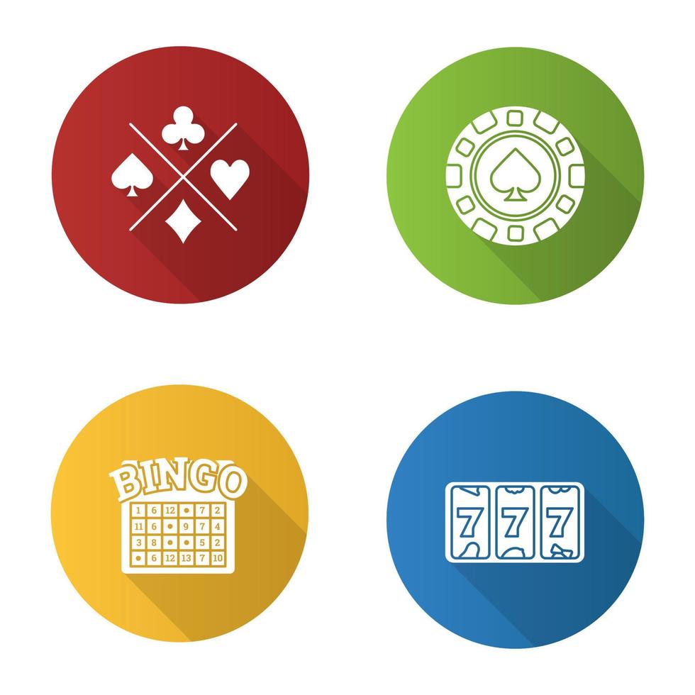 conjunto de iconos de glifo de sombra larga de diseño plano de casino. siete de la suerte, bingo, fichas de casino, juegos de naipes. ilustración de silueta vectorial vector