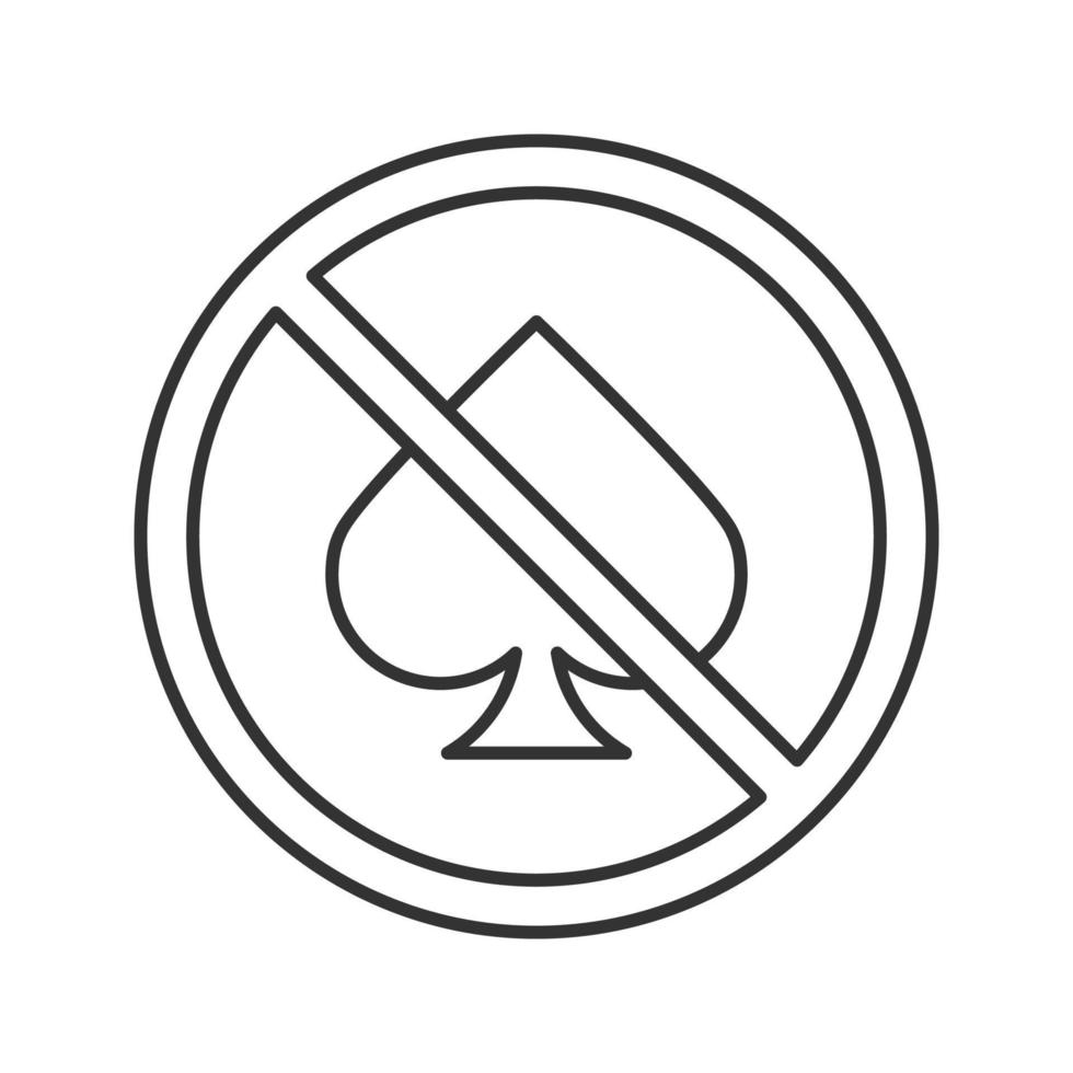 Forbidden sign with spade card suit linear icon. Thin line illustration. No gambling prohibition. Stop contour symbol. Vector isolated outline drawing