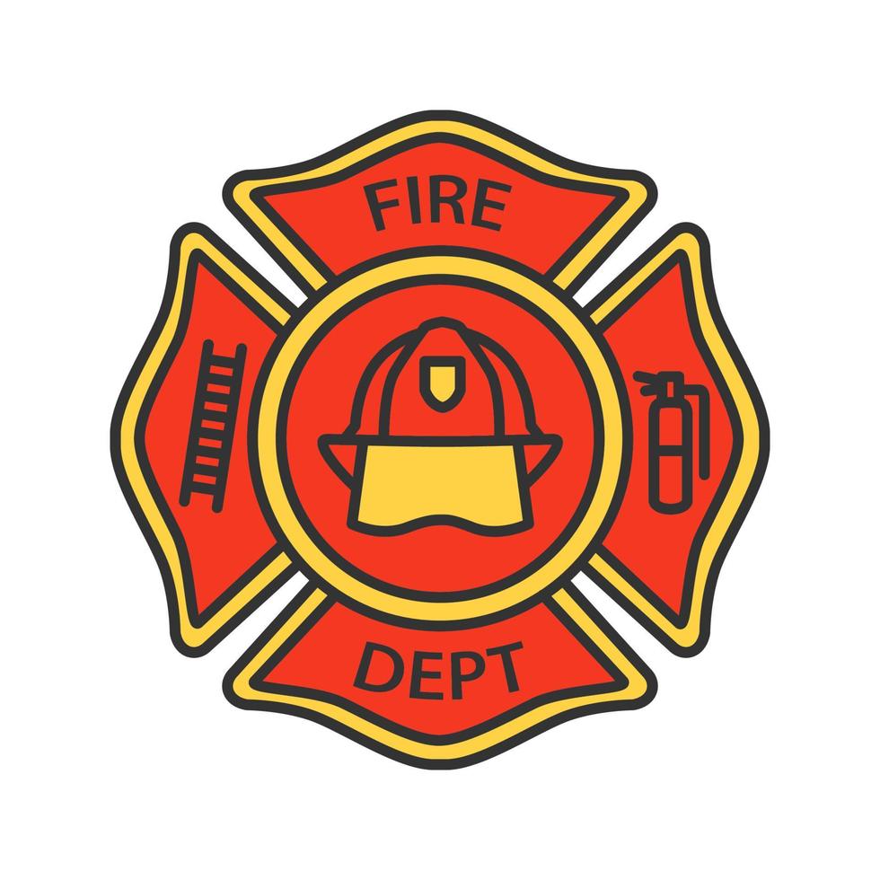 Fire department badge color icon. Firefighting emblem with helmet, ladder and extinguisher. Isolated vector illustration