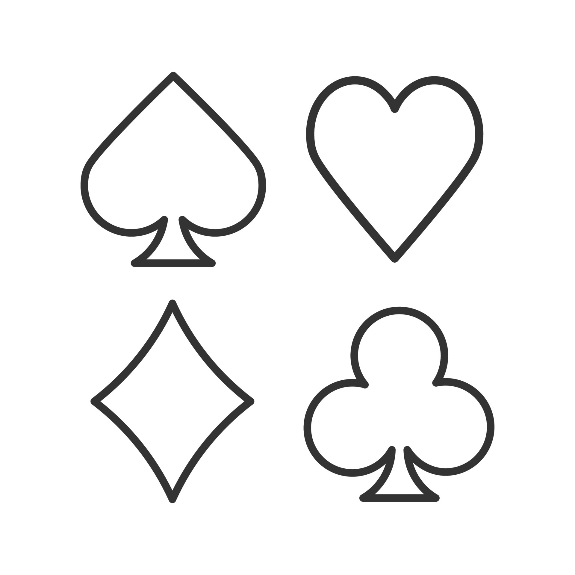 Suits of playing cards linear icon. Spade, clubs, heart, diamond. Thin