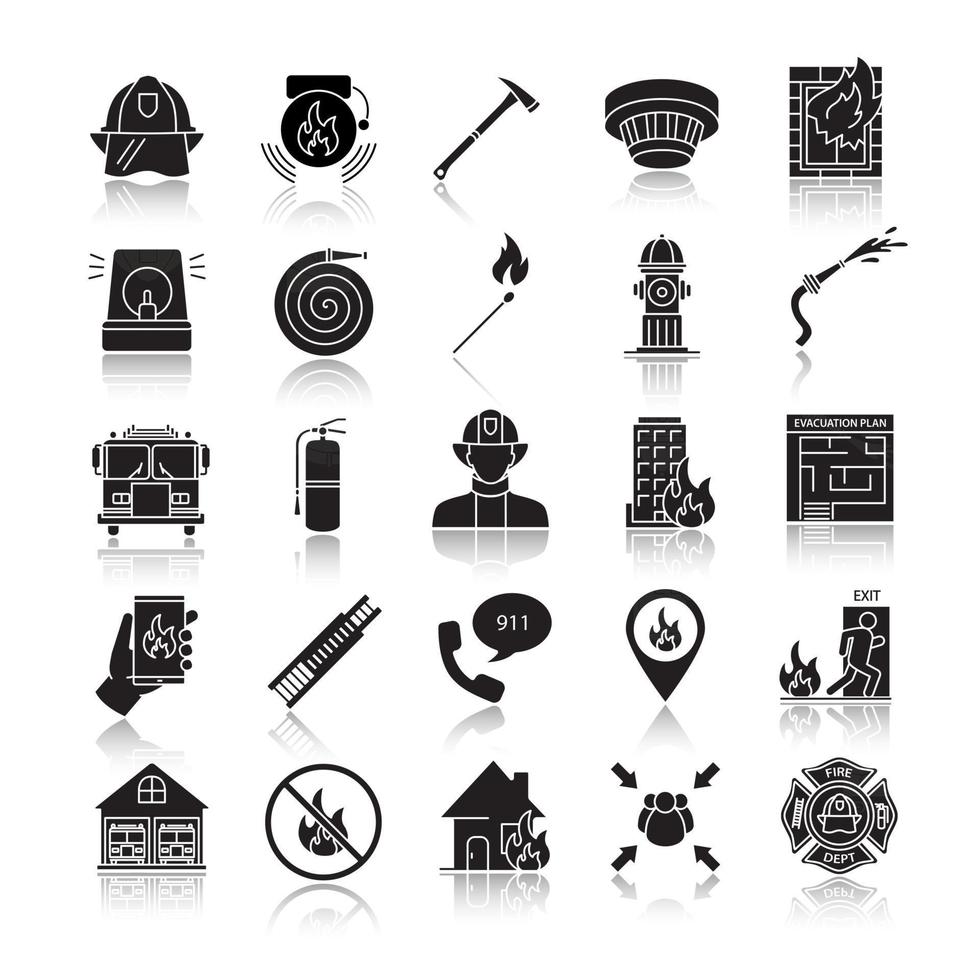 Firefighting drop shadow black glyph icons set. Fire station equipment. Isolated vector illustrations