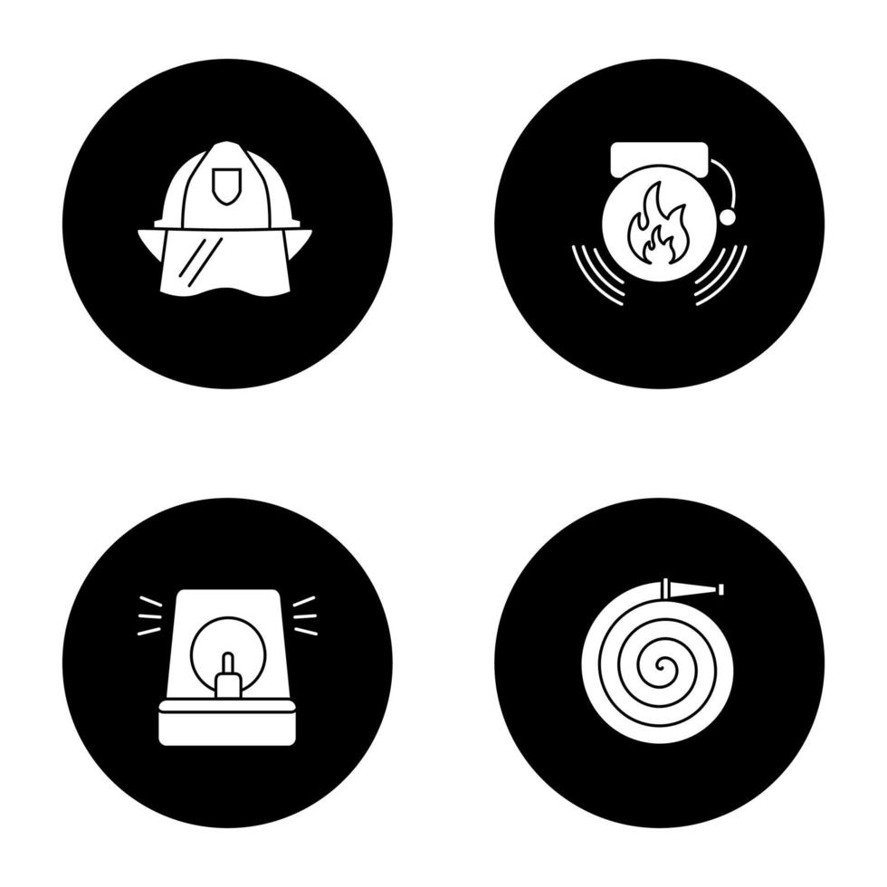 Firefighting glyph icons set. Fire hose, hard hat, alarm bell, fireman siren. Vector white silhouettes illustrations in black circles